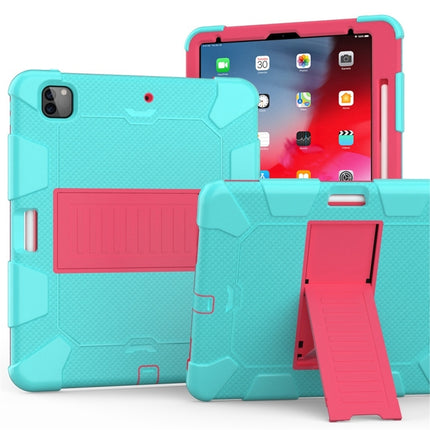For iPad Pro 12.9 (2018) / (2020) Shockproof Two-Color Silicone Protective Tablet Case with Holder(Mint Green+Rose Red)-garmade.com