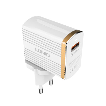 LDNIO A1302Q 2 in 1 18W QC3.0 USB Interface Grid Shape Travel Charger Mobile Phone Charger with Type-C / USB-C Data Cable, EU Plug-garmade.com