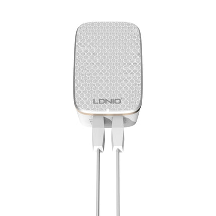LDNIO A2204 2 in 1 12W Dual USB Interface Travel Charger Mobile Phone Charger with 8 Pin Data Cable, UK Plug-garmade.com
