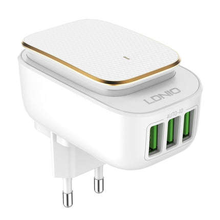 LDNIO A3305 3.4A 3 USB Interfaces Travel Charger Mobile Phone Charger, Support Touch LED Night Light, with 8 Pin Data Cable, EU Plug-garmade.com