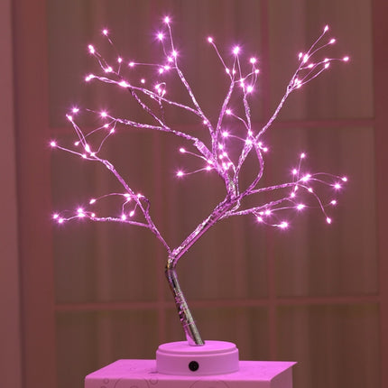 108 LEDs Copper Wire Tree Table Lamp Creative Decoration Touch Control Night Light (Pink Light)-garmade.com