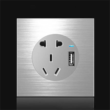 86mm Gray Aluminum Wire Drawing LED Switch Panel, Style:Five-hole USB Socket-garmade.com