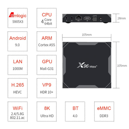 X96 max+ 4K Smart TV Box with Remote Control, Android 9.0, Amlogic S905X3 Quad-Core Cortex-A55,2GB+16GB, Support LAN, AV, 2.4G/5G WiFi, USBx2,TF Card, EU Plug-garmade.com