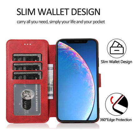 For iPhone 12 / 12 Pro Calf Texture Magnetic Buckle Horizontal Flip Leather Case with Holder & Card Slots & Wallet & Photo Frame(Red)-garmade.com