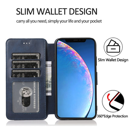 For iPhone 12 / 12 Pro Calf Texture Magnetic Buckle Horizontal Flip Leather Case with Holder & Card Slots & Wallet & Photo Frame(Blue)-garmade.com