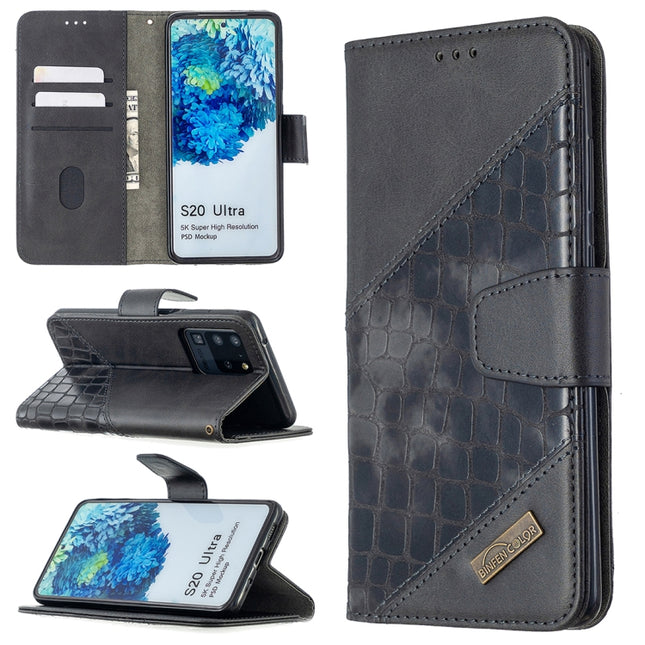 For Samsung Galaxy S20 Ultra Matching Color Crocodile Texture Horizontal Flip PU Leather Case with Wallet & Holder & Card Slots(Black)-garmade.com
