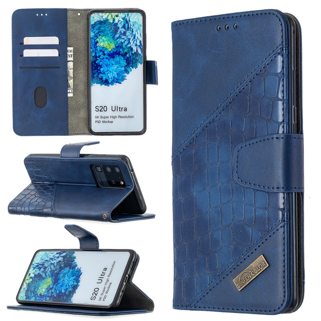 For Samsung Galaxy S20 Ultra Matching Color Crocodile Texture Horizontal Flip PU Leather Case with Wallet & Holder & Card Slots(Blue)-garmade.com
