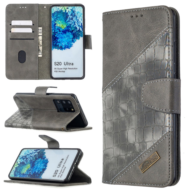 For Samsung Galaxy S20 Ultra Matching Color Crocodile Texture Horizontal Flip PU Leather Case with Wallet & Holder & Card Slots(Grey)-garmade.com