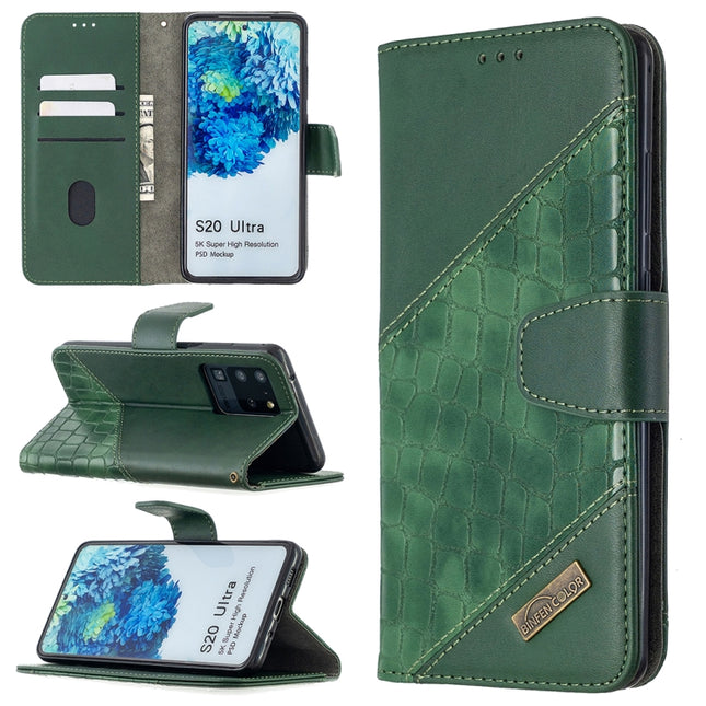 For Samsung Galaxy S20 Ultra Matching Color Crocodile Texture Horizontal Flip PU Leather Case with Wallet & Holder & Card Slots(Green)-garmade.com