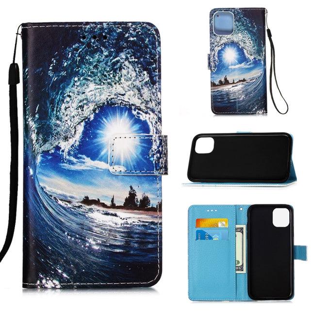 For iPhone 12 mini Painted Flat Texture Leather Case with Lanyard & Card Slot & Wallet & Holder(Waves Sun)-garmade.com