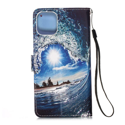 For iPhone 12 mini Painted Flat Texture Leather Case with Lanyard & Card Slot & Wallet & Holder(Waves Sun)-garmade.com
