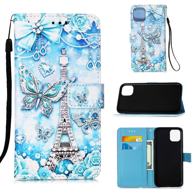 For iPhone 12 mini Painted Flat Texture Leather Case with Lanyard & Card Slot & Wallet & Holder(Tower Butterfly)-garmade.com
