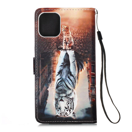 For iPhone 12 mini Painted Flat Texture Leather Case with Lanyard & Card Slot & Wallet & Holder(Cat And Tiger)-garmade.com