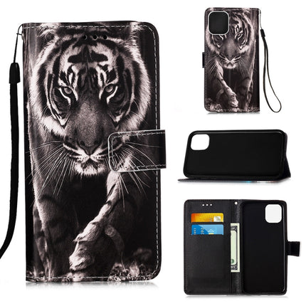 For iPhone 12 mini Painted Flat Texture Leather Case with Lanyard & Card Slot & Wallet & Holder(Black White Tiger)-garmade.com