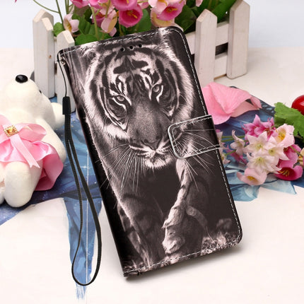 For iPhone 12 mini Painted Flat Texture Leather Case with Lanyard & Card Slot & Wallet & Holder(Black White Tiger)-garmade.com
