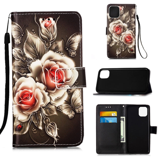 For iPhone 12 mini Painted Flat Texture Leather Case with Lanyard & Card Slot & Wallet & Holder(Rose On Black)-garmade.com