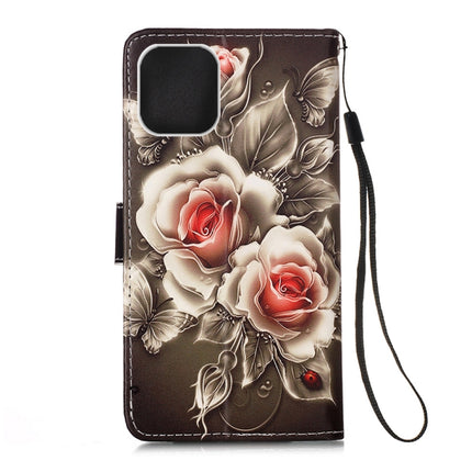 For iPhone 12 mini Painted Flat Texture Leather Case with Lanyard & Card Slot & Wallet & Holder(Rose On Black)-garmade.com