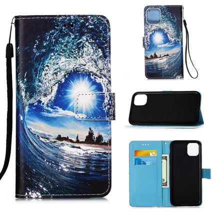 For iPhone 12 / 12 Pro Painted Flat Texture Leather Case with Lanyard & Card Slot & Wallet & Holder(Waves Sun)-garmade.com