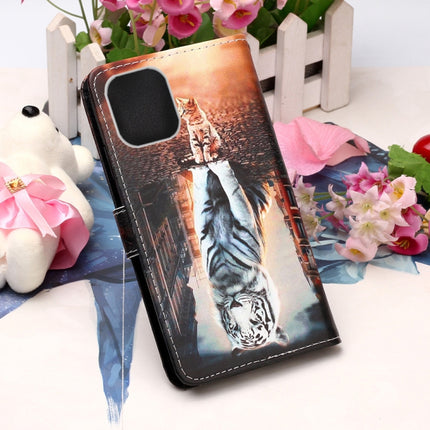 For iPhone 12 / 12 Pro Painted Flat Texture Leather Case with Lanyard & Card Slot & Wallet & Holder(Cat And Tiger)-garmade.com