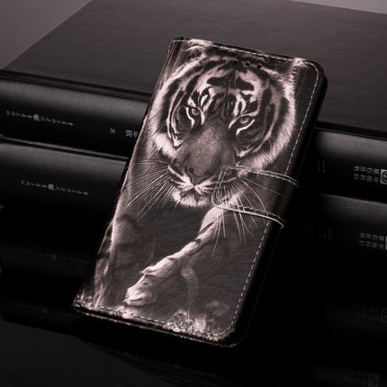 For iPhone 12 / 12 Pro Painted Flat Texture Leather Case with Lanyard & Card Slot & Wallet & Holder(Black White Tiger)-garmade.com