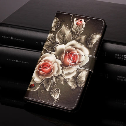 For iPhone 12 / 12 Pro Painted Flat Texture Leather Case with Lanyard & Card Slot & Wallet & Holder(Roses On Black)-garmade.com