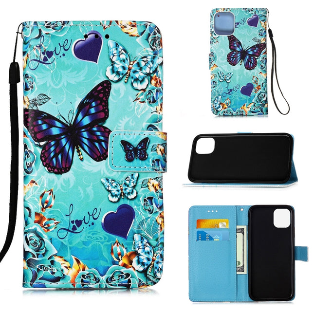 For iPhone 12 / 12 Pro Painted Flat Texture Leather Case with Lanyard & Card Slot & Wallet & Holder(Love Butterfly)-garmade.com
