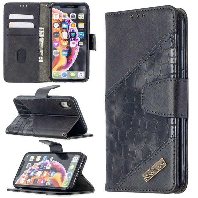 For iPhone XR Matching Color Crocodile Texture Horizontal Flip PU Leather Case with Wallet & Holder & Card Slots(Black)-garmade.com