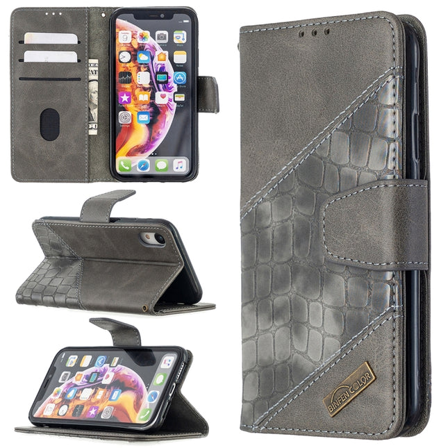 For iPhone XR Matching Color Crocodile Texture Horizontal Flip PU Leather Case with Wallet & Holder & Card Slots(Grey)-garmade.com