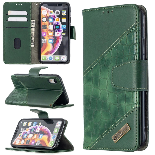 For iPhone XR Matching Color Crocodile Texture Horizontal Flip PU Leather Case with Wallet & Holder & Card Slots(Green)-garmade.com