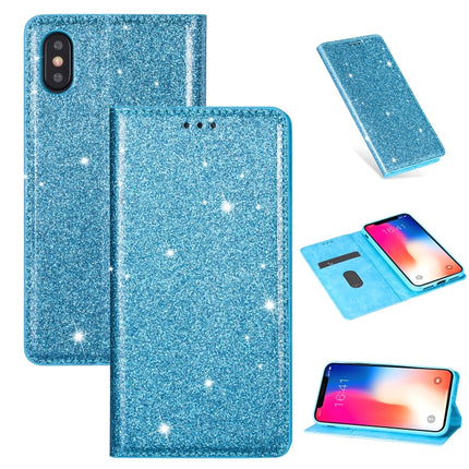 For iPhone X / XS Ultrathin Glitter Magnetic Horizontal Flip Leather Case with Holder & Card Slots(Sky Blue)-garmade.com