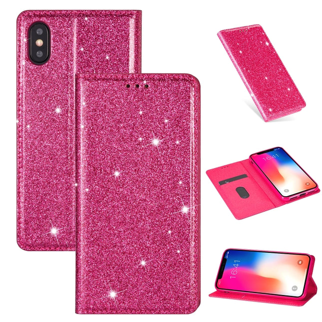 For iPhone X / XS Ultrathin Glitter Magnetic Horizontal Flip Leather Case with Holder & Card Slots(Rose Red)-garmade.com