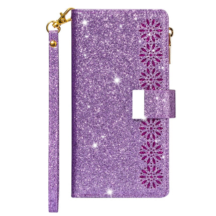 For iPhone 11 Pro Max Multi-card Slots Starry Sky Laser Carving Glitter Zipper Horizontal Flip Leather Case with Holder & Wallet & Lanyard(Purple)-garmade.com