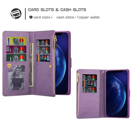 For iPhone 11 Pro Max Multi-card Slots Starry Sky Laser Carving Glitter Zipper Horizontal Flip Leather Case with Holder & Wallet & Lanyard(Purple)-garmade.com