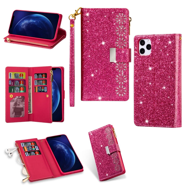 For iPhone 11 Pro Max Multi-card Slots Starry Sky Laser Carving Glitter Zipper Horizontal Flip Leather Case with Holder & Wallet & Lanyard(Rose Red)-garmade.com