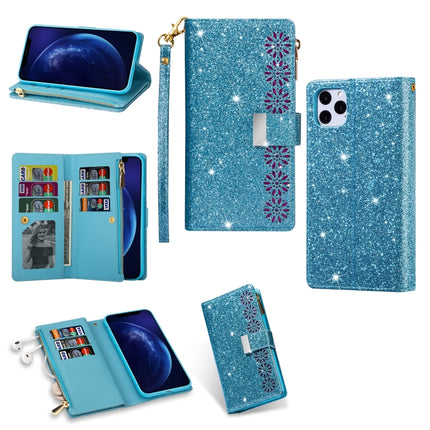 For iPhone 11 Pro Max Multi-card Slots Starry Sky Laser Carving Glitter Zipper Horizontal Flip Leather Case with Holder & Wallet & Lanyard(Sky Blue)-garmade.com