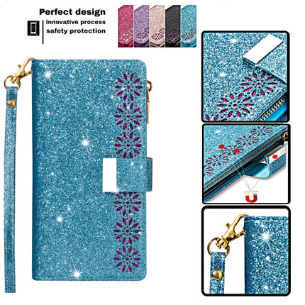 For iPhone 11 Pro Max Multi-card Slots Starry Sky Laser Carving Glitter Zipper Horizontal Flip Leather Case with Holder & Wallet & Lanyard(Sky Blue)-garmade.com