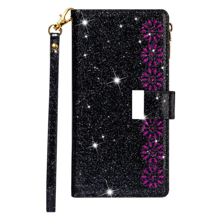 For iPhone 11 Pro Max Multi-card Slots Starry Sky Laser Carving Glitter Zipper Horizontal Flip Leather Case with Holder & Wallet & Lanyard(Black)-garmade.com