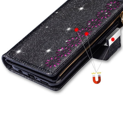 For iPhone 11 Pro Max Multi-card Slots Starry Sky Laser Carving Glitter Zipper Horizontal Flip Leather Case with Holder & Wallet & Lanyard(Black)-garmade.com