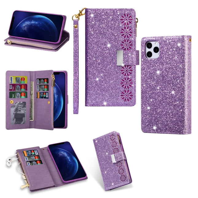 For iPhone 11 Pro Multi-card Slots Starry Sky Laser Carving Glitter Zipper Horizontal Flip Leather Case with Holder & Wallet & Lanyard(Purple)-garmade.com