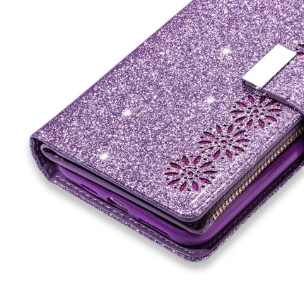 For iPhone 11 Pro Multi-card Slots Starry Sky Laser Carving Glitter Zipper Horizontal Flip Leather Case with Holder & Wallet & Lanyard(Purple)-garmade.com