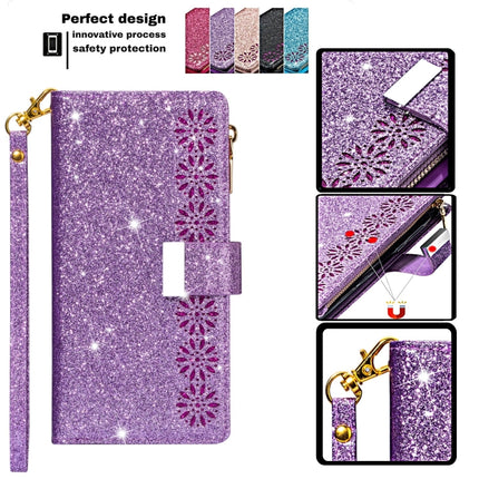 For iPhone 11 Pro Multi-card Slots Starry Sky Laser Carving Glitter Zipper Horizontal Flip Leather Case with Holder & Wallet & Lanyard(Purple)-garmade.com