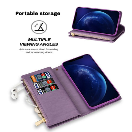 For iPhone 11 Pro Multi-card Slots Starry Sky Laser Carving Glitter Zipper Horizontal Flip Leather Case with Holder & Wallet & Lanyard(Purple)-garmade.com