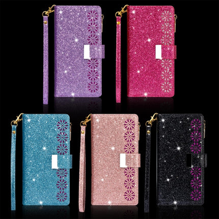 For iPhone 11 Pro Multi-card Slots Starry Sky Laser Carving Glitter Zipper Horizontal Flip Leather Case with Holder & Wallet & Lanyard(Purple)-garmade.com