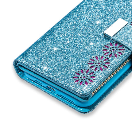 For iPhone 11 Pro Multi-card Slots Starry Sky Laser Carving Glitter Zipper Horizontal Flip Leather Case with Holder & Wallet & Lanyard(Sky Blue)-garmade.com
