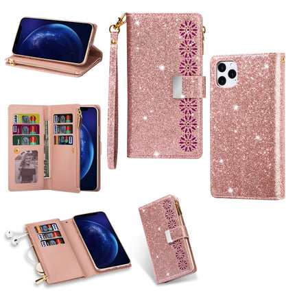 For iPhone 11 Pro Multi-card Slots Starry Sky Laser Carving Glitter Zipper Horizontal Flip Leather Case with Holder & Wallet & Lanyard(Rose Gold)-garmade.com