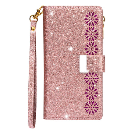 For iPhone 11 Pro Multi-card Slots Starry Sky Laser Carving Glitter Zipper Horizontal Flip Leather Case with Holder & Wallet & Lanyard(Rose Gold)-garmade.com