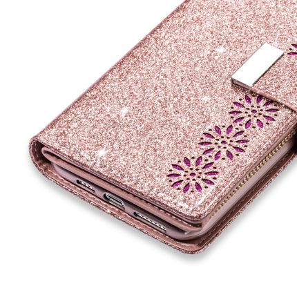 For iPhone 11 Pro Multi-card Slots Starry Sky Laser Carving Glitter Zipper Horizontal Flip Leather Case with Holder & Wallet & Lanyard(Rose Gold)-garmade.com