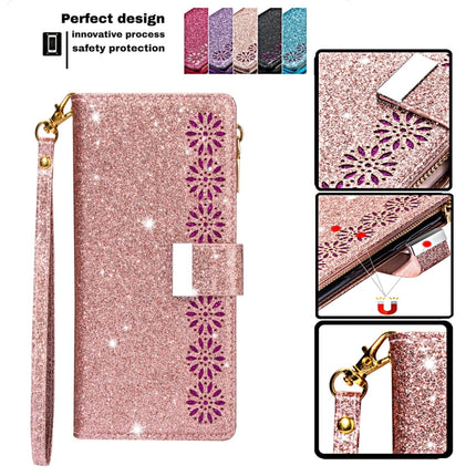 For iPhone 11 Pro Multi-card Slots Starry Sky Laser Carving Glitter Zipper Horizontal Flip Leather Case with Holder & Wallet & Lanyard(Rose Gold)-garmade.com