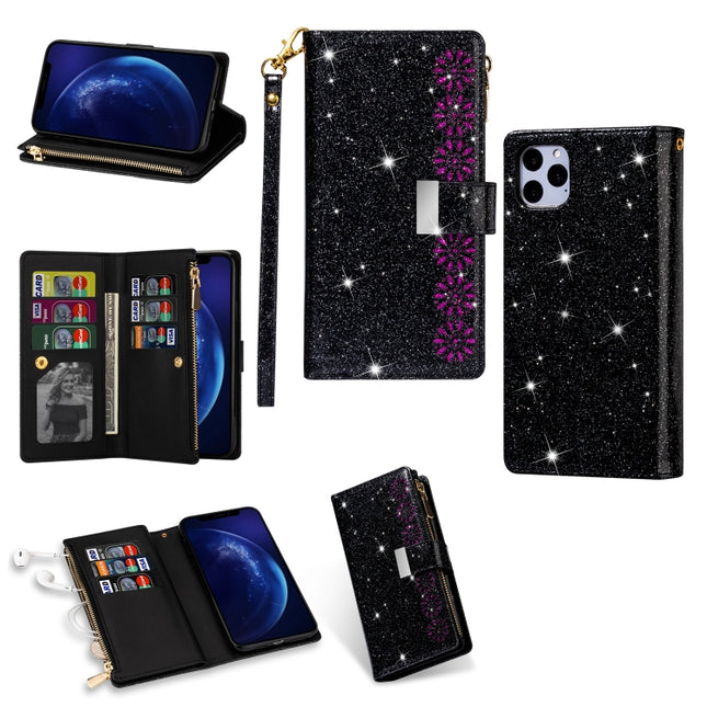 For iPhone 11 Pro Multi-card Slots Starry Sky Laser Carving Glitter Zipper Horizontal Flip Leather Case with Holder & Wallet & Lanyard(Black)-garmade.com