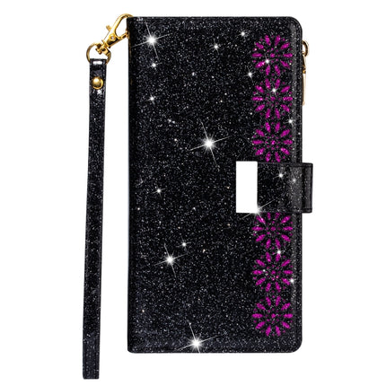 For iPhone 11 Pro Multi-card Slots Starry Sky Laser Carving Glitter Zipper Horizontal Flip Leather Case with Holder & Wallet & Lanyard(Black)-garmade.com